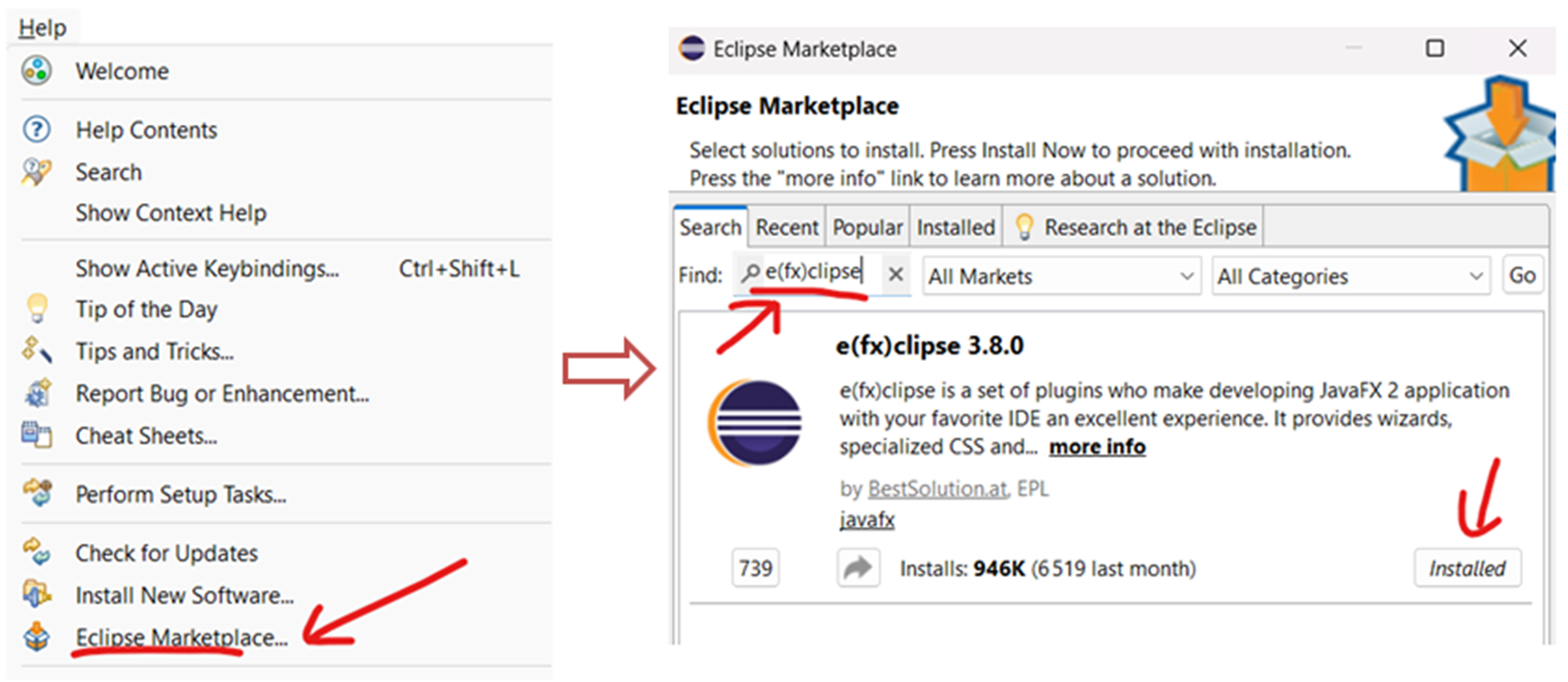 Installation du plugin e(fx)clipse via Eclipse Marketplace